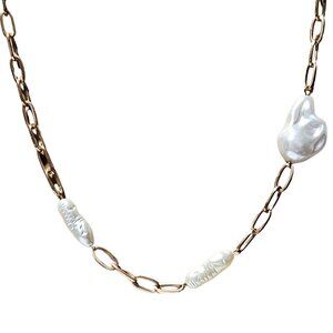 Elegant Baroque Faux Pearl Gold Tone Chain Necklace Artisan Fashion Jewelry